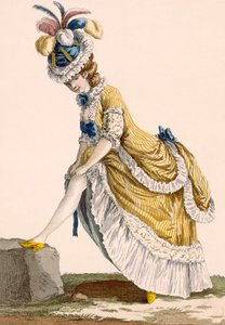 Lady puxando para cima a meia, gravada por Le Beau, placa no.1 de &39;Galeries des Modes et Costumes Français&39;, c.1778-87 de Pierre Thomas Le Clerc